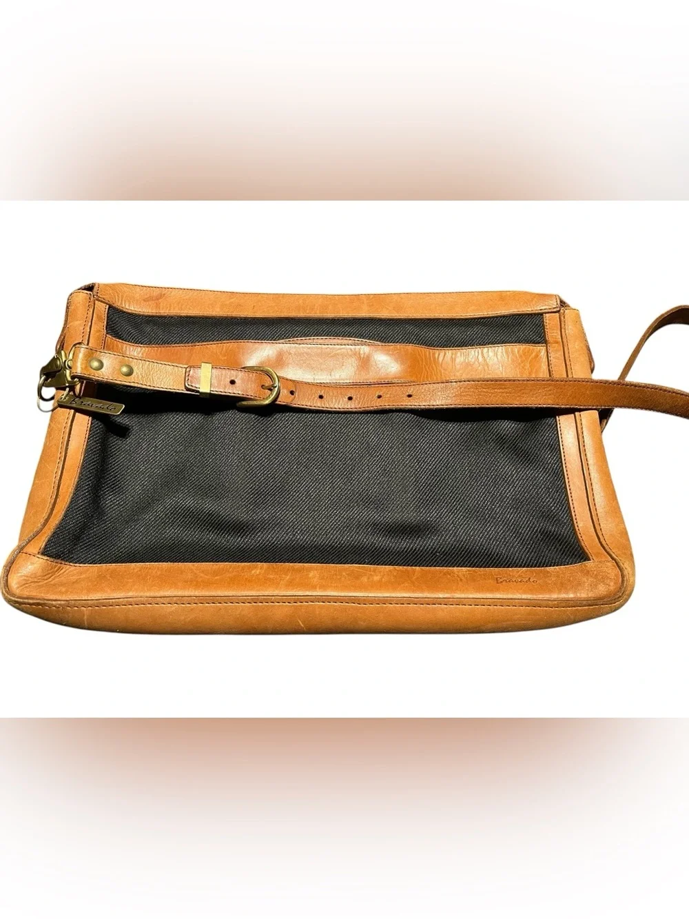 Vintage Bravado Leather Canvas Messenger Crossbody Satchel Bag Brass 17x12